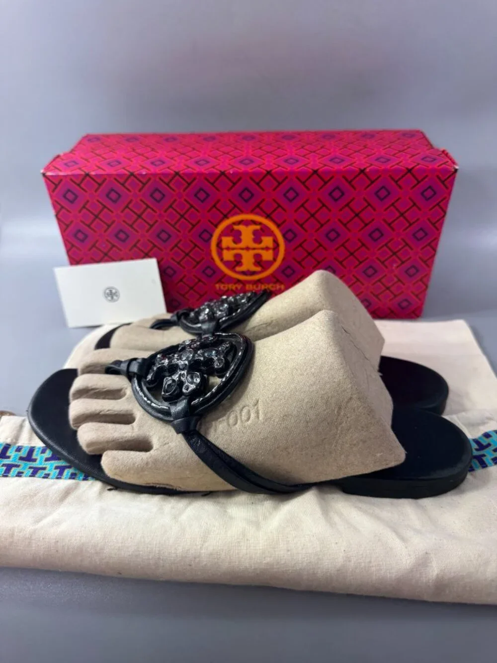 Tory Burch Embellished Crystal Miller Black Leather Sandal, Size 8